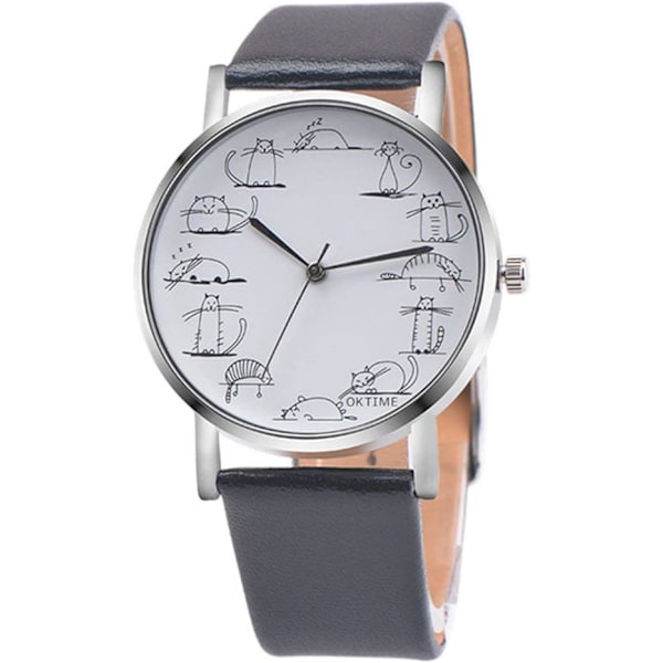 Ny design Lazy Cat Tecknad Tryckt Läderband Analog Legering Kvarts Armbandsur
