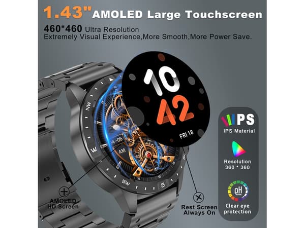 Smartwatch Ak57 1,43-tums högupplöst Amoled stor skärm stöder Bluetooth-samtal Svart