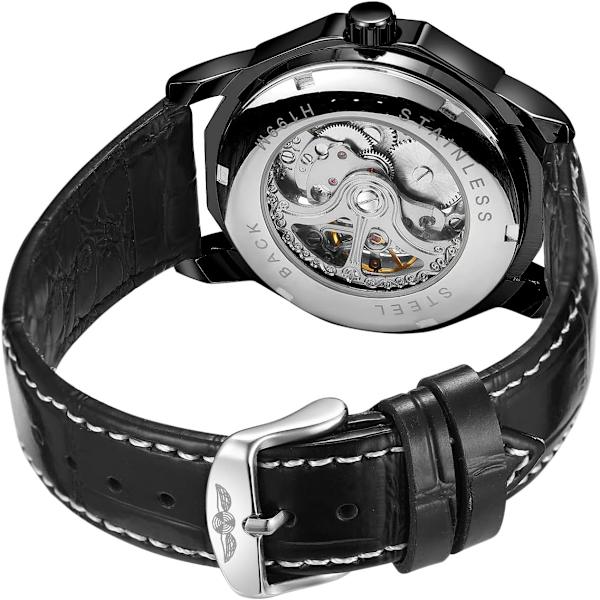 Automatisk mekanisk dodekagontklocka för män, skelett romerska siffror, äkta läderarmband, tourbillonarmbandsur