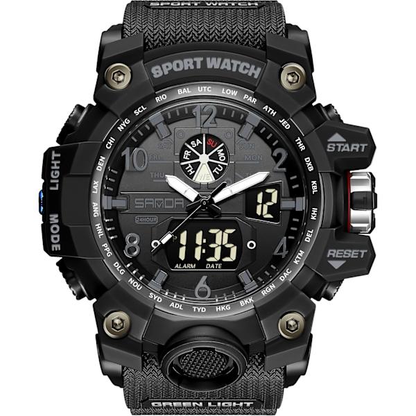 Stilren Digital Analog Klocka, Stor Urtavla 2.2\", 50m Vattentålig, Dubbla Tidszoner, Alarm, LED-Bakgrundsbelysning, Stoppur, PU-Armband
