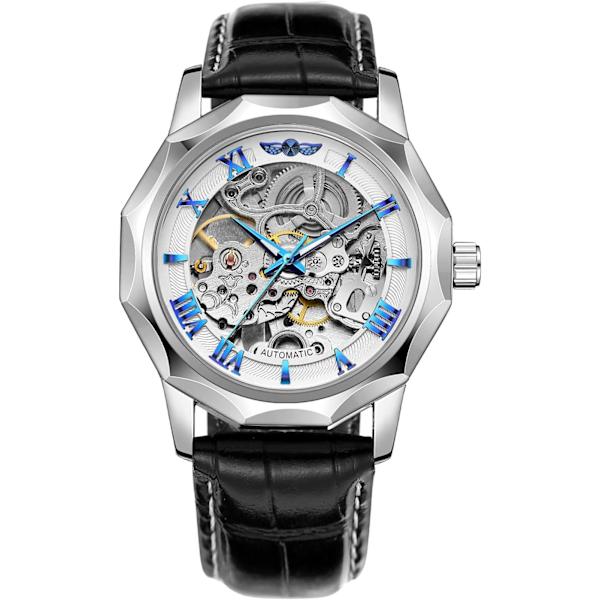 Automatisk mekanisk dodekagontklocka för män, skelett romerska siffror, äkta läderarmband, tourbillonarmbandsur