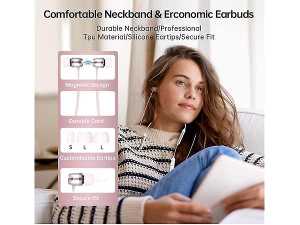 Högkvalitativa stereohörlurar med Bluetooth, halsband, resistenta, rosa