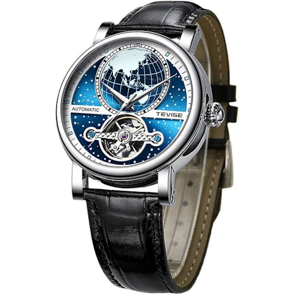 Herr Tourbillon Klocka Mekanisk Självuppdragande Klockor Lyxig Stjärnklar Jorddesign Läderarmband Blå Svart Självlysande Stor Urtavla Automatisk Armbandsur