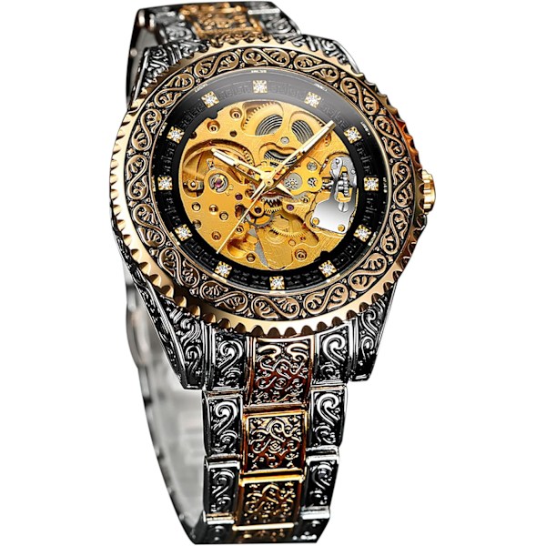 Retro Klocka Ihåligt Skelett Självuppdragande Mekanisk Vintage Graverad Tatuering Automatisk Stor Urtavla Diamantskala Armbandsur