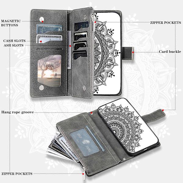 För Motorola Edge 50 Pro 5G Fodral Mandala Blomma Läder Flip Dragkedja Ställ Telefonskydd