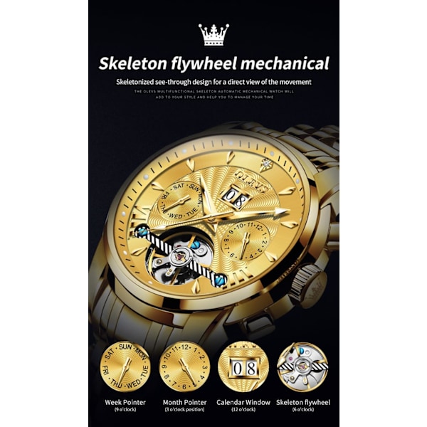 Automatisk herrklocka självuppdragande skelett mekanisk tourbillon klassisk lyx multi-kalender rostfritt stål vattentät armbandsur för män