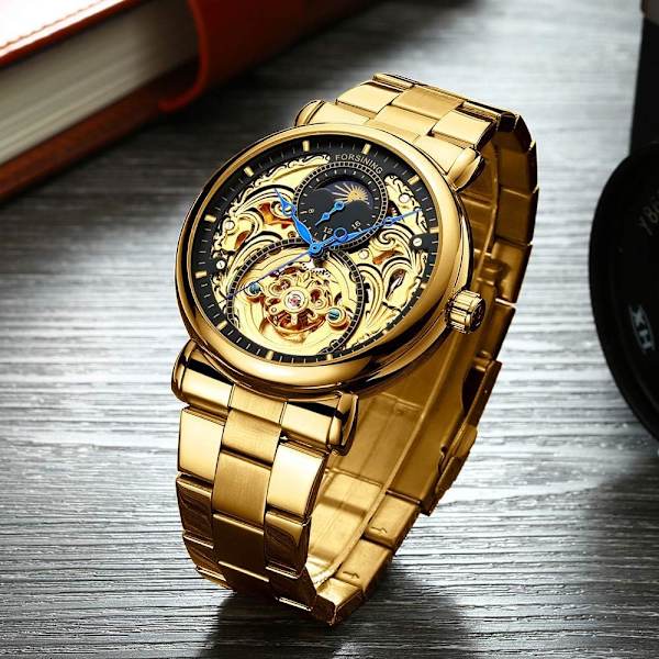 Automatisk Klocka för Män Lyx Skeleton Tourbillon Rostfritt Stål Läder Armbandsur