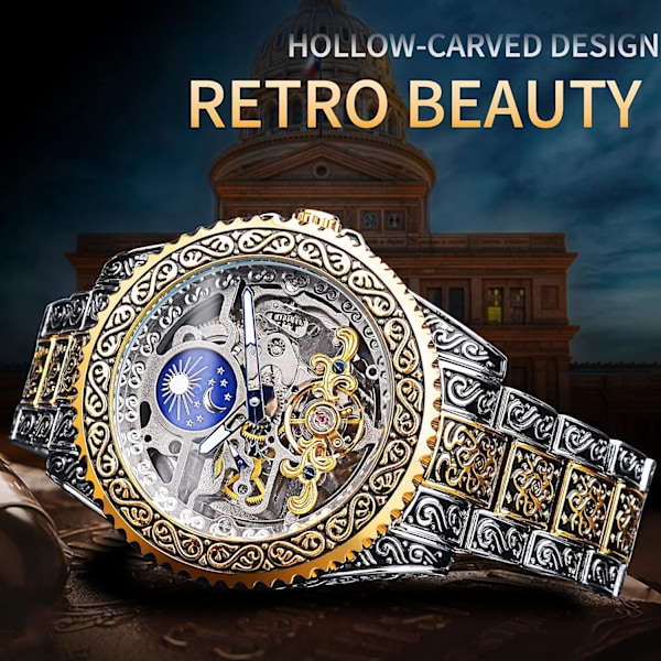 Retro Klocka Utskuren Självuppdragande Mekanisk Tatuering Tourbillon Månfas Oberoende Sekunder Skelett Automatisk Stor Urtavla Armbandsur