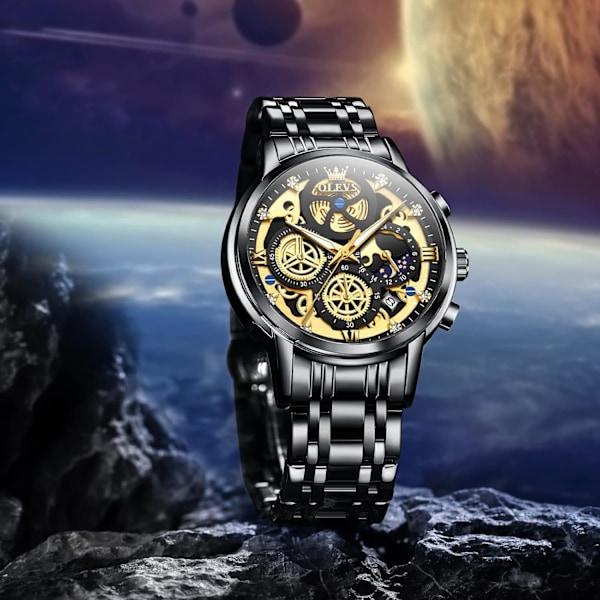 Herr Diamant Chronograf Klocka Multifunktion Datum Vattentät Rostfritt Stål Klocka (Silver)