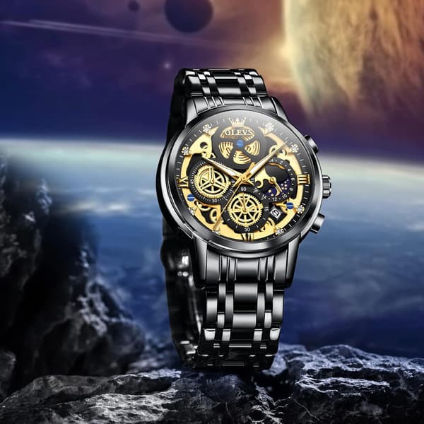 Herre Diamant Chronograf Ur Multifunktions Dato Vandtæt Rustfrit Stål Ur (Guld)