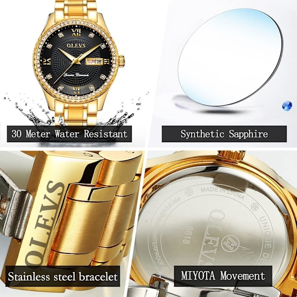 Herr Casual Quartz Klocka Självlysande Stor Urtavla Vattentät Diamant Rostfritt Stål Armbandsur (Guld)