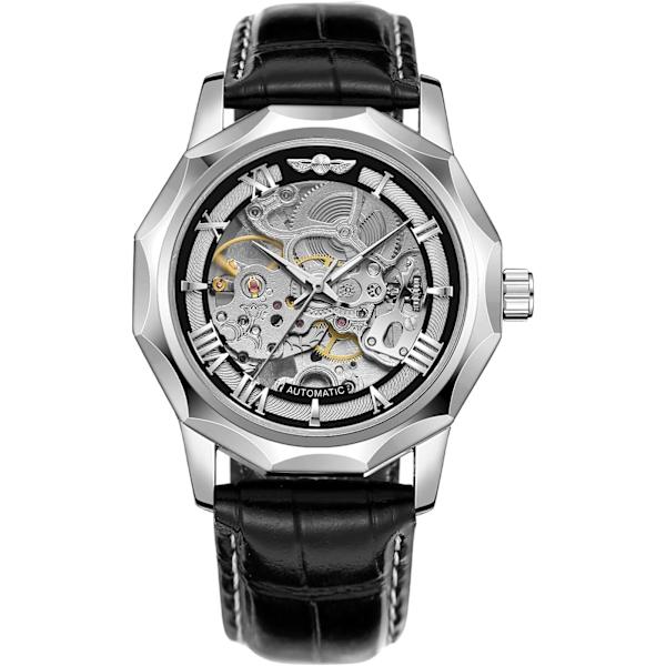 Automatisk mekanisk dodekagontklocka för män, skelett romerska siffror, äkta läderarmband, tourbillonarmbandsur