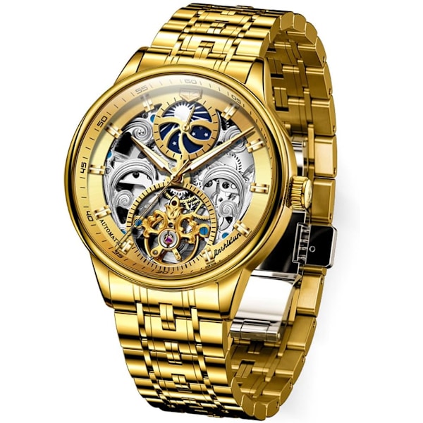 Skelettklocka för män Lyxig klänning svart läder silver guld Tourbillon Månfas automatisk mekanisk självuppdragande vattentät lysande armbandsur...