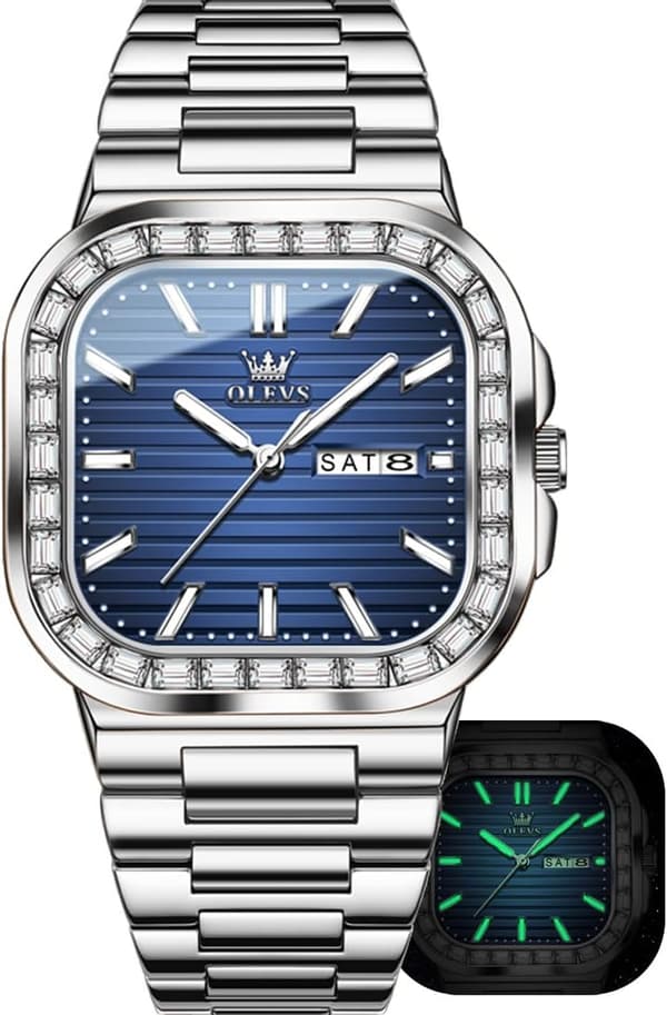Enkel diamant quartz rektangulær vanntett lysende rustfritt stålklokke med dato for menn (sølv-blå)