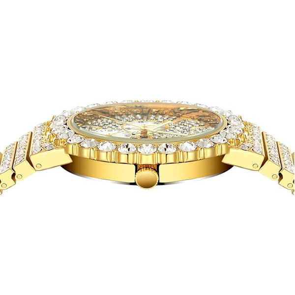 Hip Hop Herrklocka Bling Lyxig Stil Full Diamant Rostfritt Stål Datum Vecka Quartz Analog Display Vattentät Herrarmbandsur