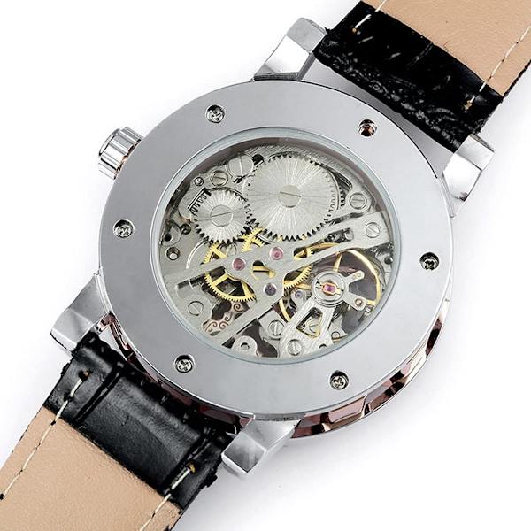 Herrklocka Mode Mekanisk Armbandsur Transparent Urtavla med Skelettdesign Läderarmband Automatisk Manuellt Uppdragbar Klocka