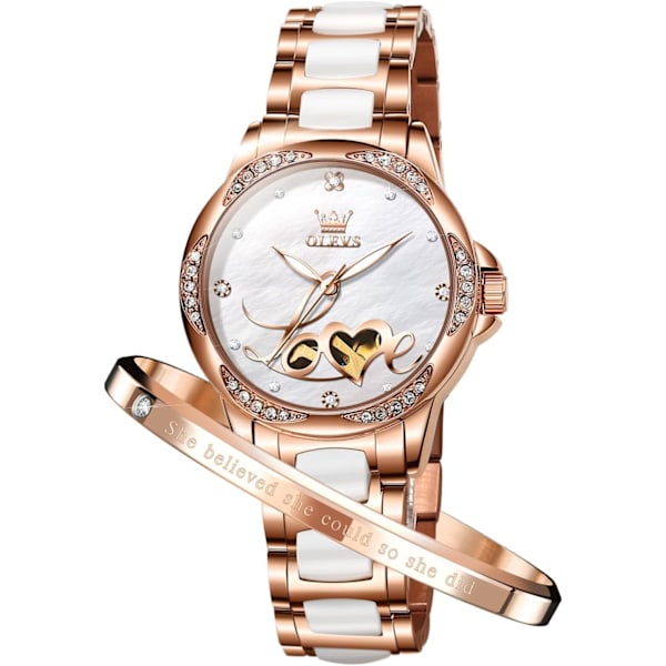 Dam Roséguld Automatiska Klockor Skelett Mekanisk Självuppdragande Dam Elegant Lyxig Klänning Fjäril Diamant Vit Keramisk Klocka Gåva