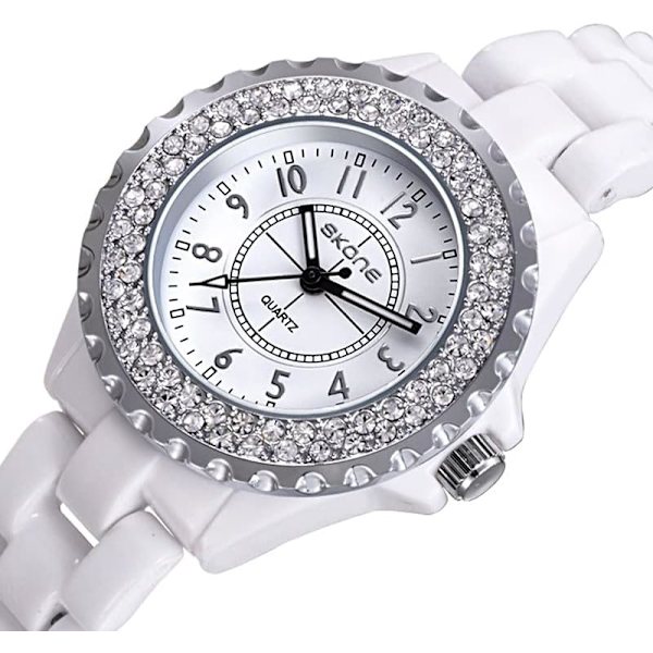 Lyxig Damarmbandsur Rhinestone Vit Keramisk Klocka Casual Dam Fin Klocka