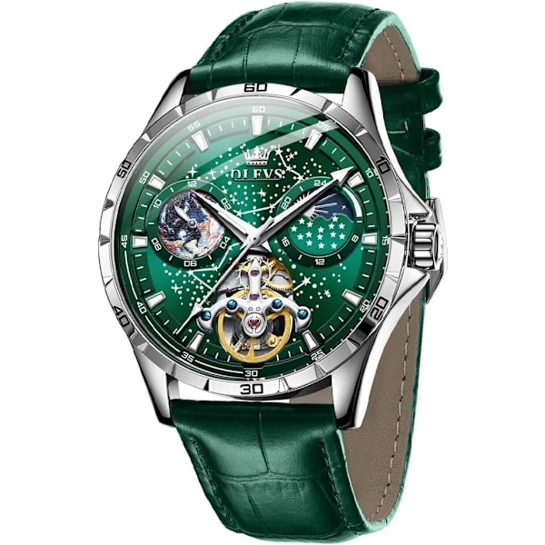 Herrklockor i läder, automatisk mekanisk skelett Tourbillon Diamant Lyx självuppdragande armbandsur Månfas vattentät självlysande