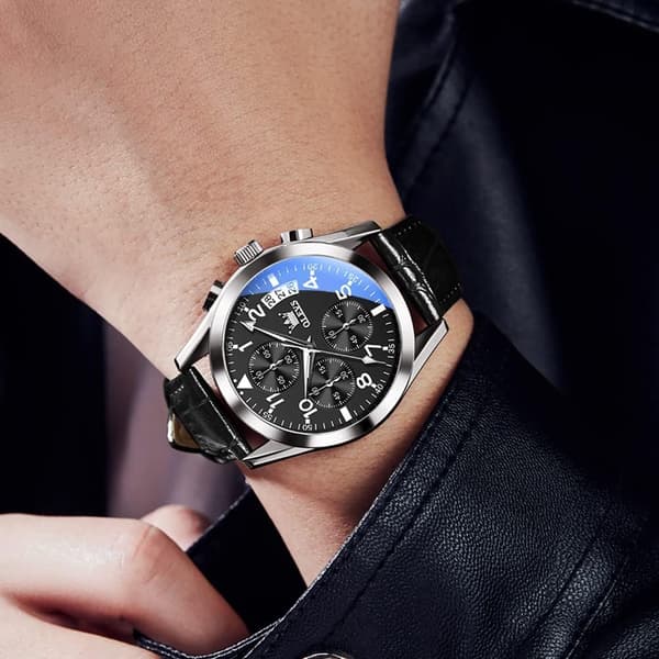 Herre Chronograph Quartz Lysende Pind Rustfrit Stål Vandtæt Ur (Sort)
