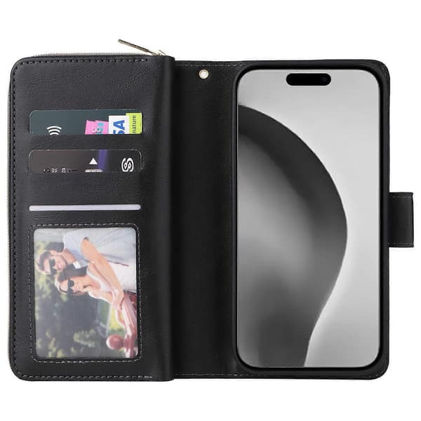 Läderfodral med dragkedja för iPhone 16 Pro Max, telefonfodral med 9 kortfack