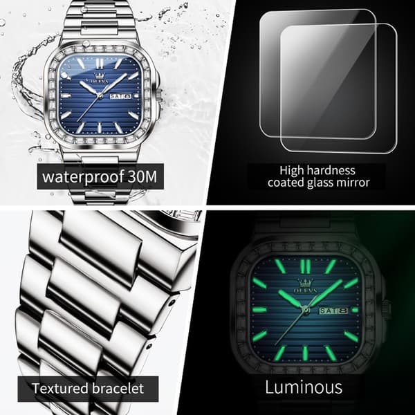 Herre Simpel Diamant Quartz Rektangulær Vandtæt Lysende Ur i Rustfrit Stål med Dato (Sølv Hvid)