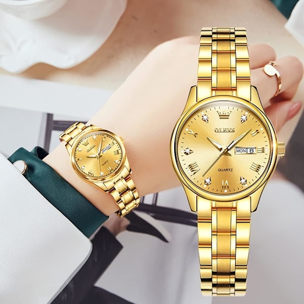 Damklocka Guld diamant klassisk elegant armbandsur rostfritt stål vattentät dag datum