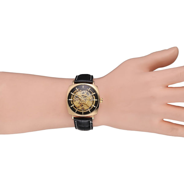 Mekanisk självuppdragande skelettklocka för män med analog urtavla och läderarmband