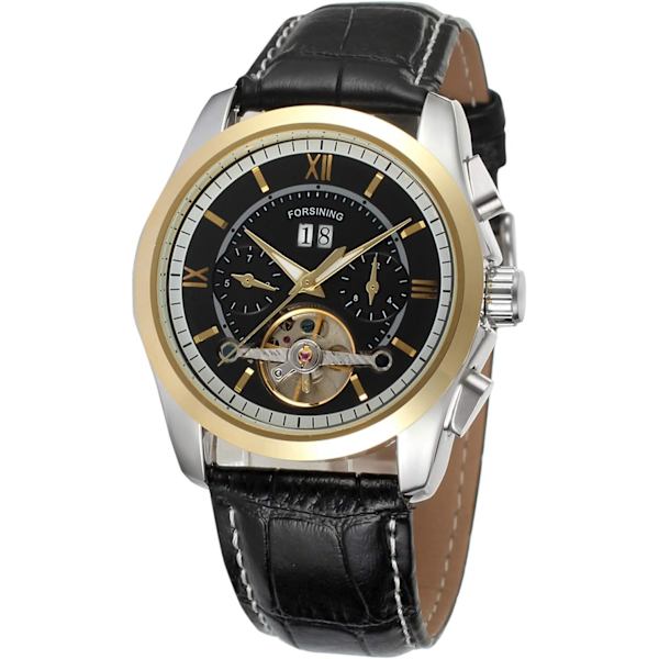 Herr Tourbillon Stil Svart Läderrem Datum Automatisk Mekanisk Kalenderklocka FSG625M3T4