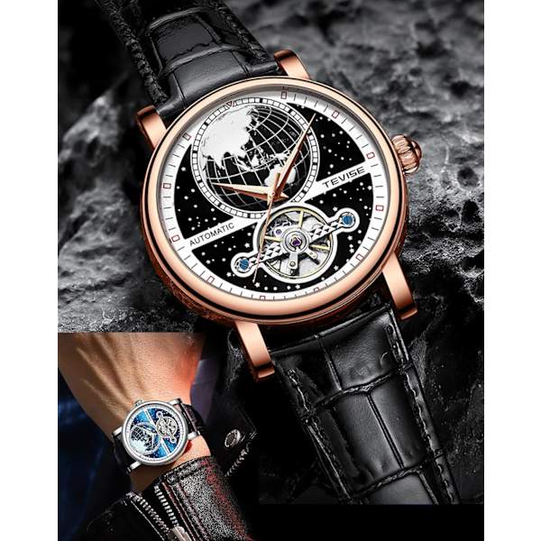 Herr Tourbillon Klocka Mekanisk Självuppdragande Klockor Lyxig Stjärnklar Jorddesign Läderarmband Blå Svart Självlysande Stor Urtavla Automatisk Armbandsur