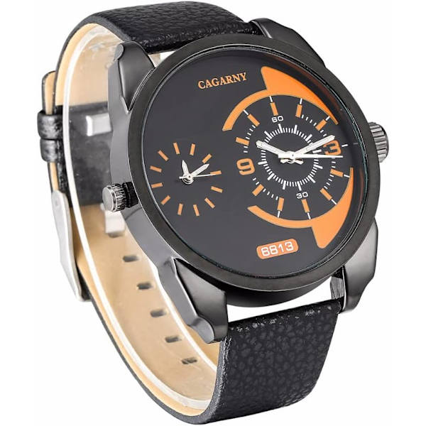 Minimalistisk herrklocka analog dubbel tid med läderarmband herrklocka