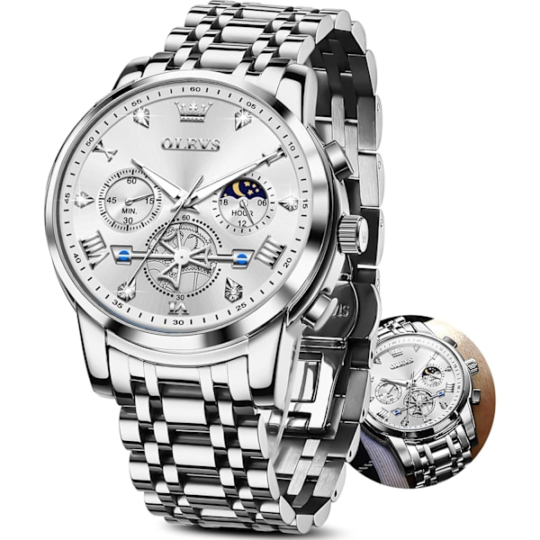 Herr Chronograph Rostfritt Stål Stor Urtavla Vattentät Klocka (Silver)