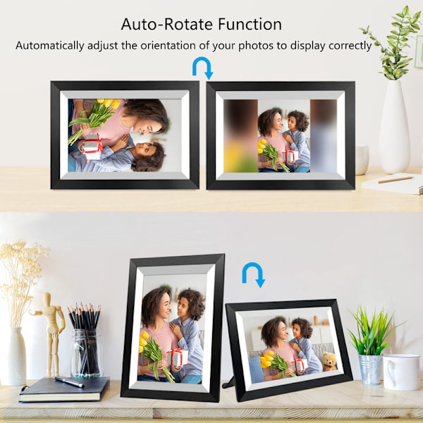 VEANXIN 10,1-tums digital fotoram, 1280x800 IPS LCD-pekskärm, inbyggt 32 GB minne, svart trä