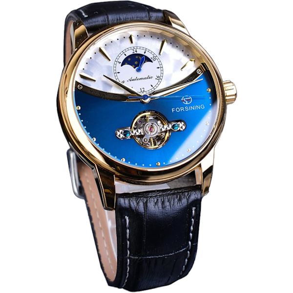 Herrklocka Mekanisk Månfas Tourbillon Rostfritt Stål Vattentät Självuppdragande Retro Klockor, Automatisk Armbandsur med Läderrem