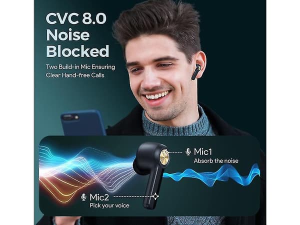 Ture Trådlösa Hörlurar Stor Bas Speltid Cvc Samtal Usb-C Svart