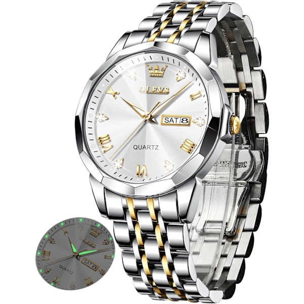 Klocka för män, kvinnor, unisex med bred urtavla, diamant, lyxig kostymklocka, analog kvarts, rostfritt stål, vattentät, lysande datum, business casual armbandsur