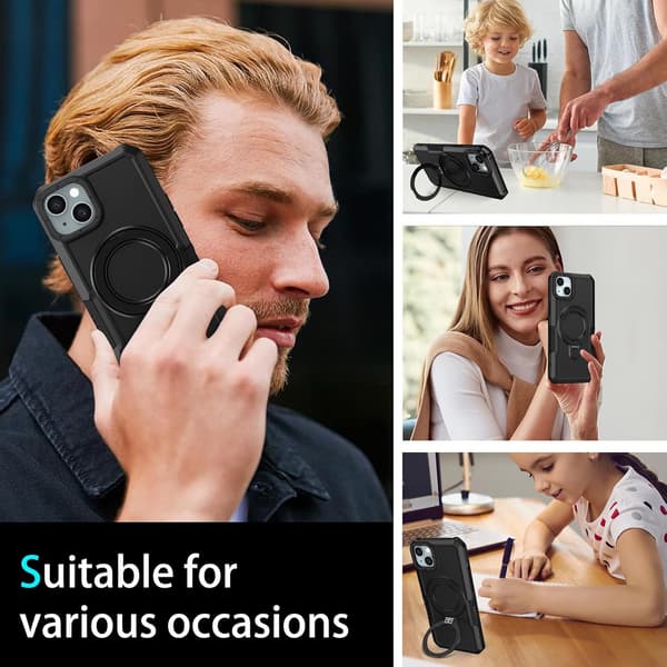 Telefoncover - iPhone 15 Plus - Hård PC + Blød TPU - Indbygget Skjult Støttefod - Sort