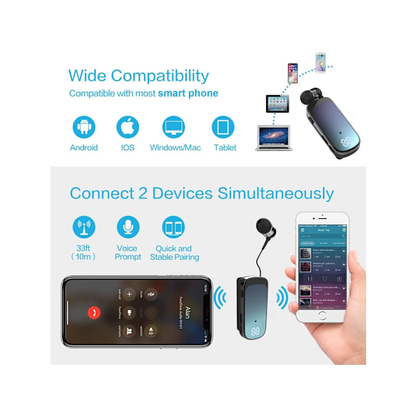Clip-on Stereo Bluetooth Hörlurar med Brusreducering Blå