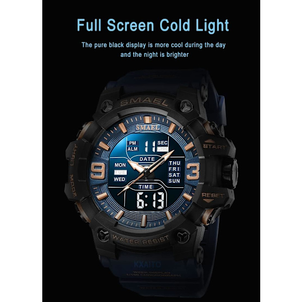 Stor Herrklocka Digital Multifunktionell Casual Dubbel Display 12H/24H Stoppur Kalender Armbandsur