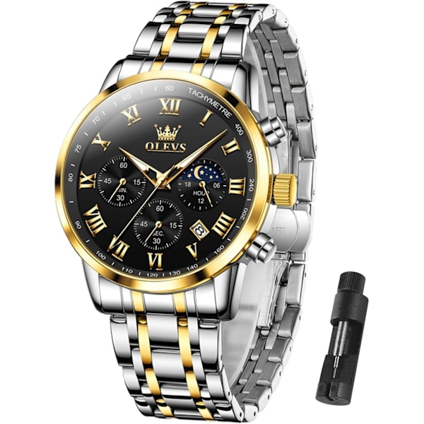 Multifunktionell Vattentät Luminous Chronograph Klocka för Män med Flera Urtavlor (Guld Silver)