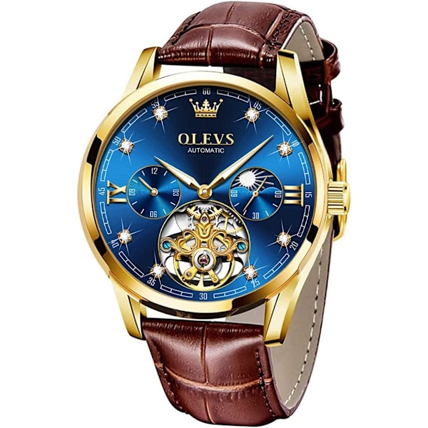 Herrklockor i läder, automatisk mekanisk skelett Tourbillon Diamant Lyx självuppdragande armbandsur Månfas vattentät självlysande