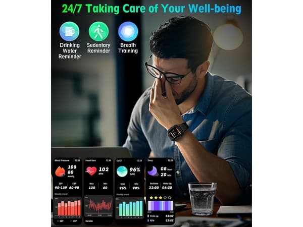2.02 Tommer Smartwatch IP68 Vandtæt Fitness Tracker til iPhone og Android Sort