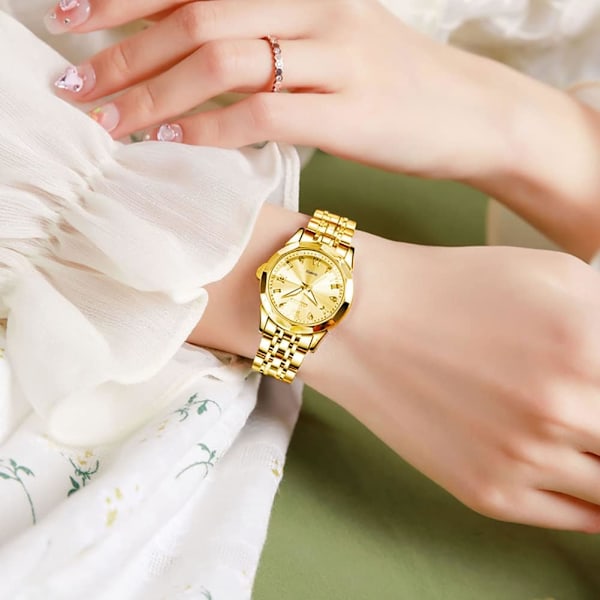 Damklocka Guld diamant klassisk elegant armbandsur rostfritt stål vattentät datum