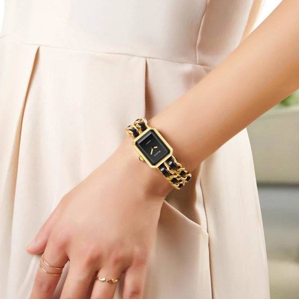 Elegant Damklocka Kedjeflätat Band Fyrkantigt Armbandsur för Kvinnor Retro Minimalistisk Analog Quartz Vattentät Damklocka