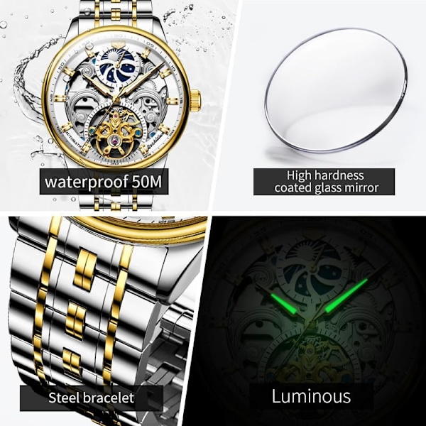 Skelettklocka för män Lyxig klänning svart läder silver guld Tourbillon Månfas automatisk mekanisk självuppdragande vattentät lysande armbandsur...