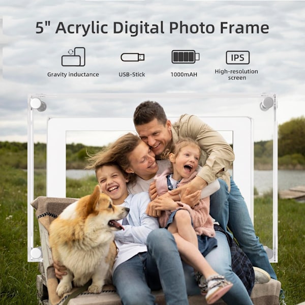 VEANXIN 5-tums Digital Fotoram i Akryl med Automatisk Rotation, Inbyggt 2GB 1000mAh Batteri