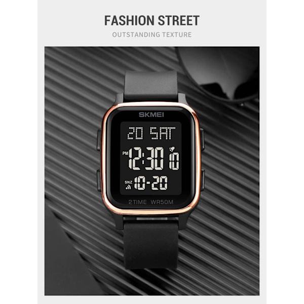 Klassisk Fyrkantig Urtavla Unisex Dam Herr Digital Multifunktionell Utomhus Casual Klocka Nedräkning 50M Vattentät LED-ljus Armbandsur