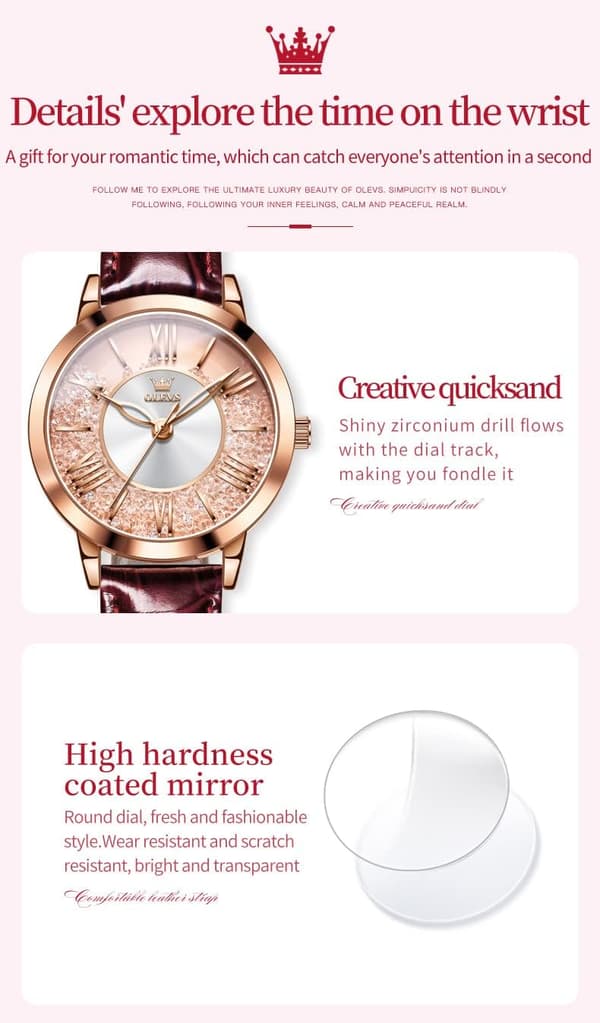 Klassisk læderur til kvinder, vandtætte quartz-ure til kvinder (pink)