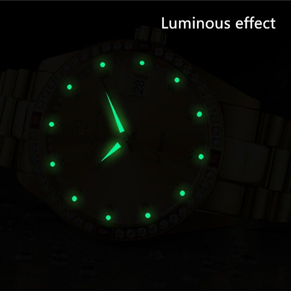 Herr Analog Automatisk Mekanisk Klocka Lysande Kalender Rostfritt Stål Armband Diamant 18K Guld Klocka