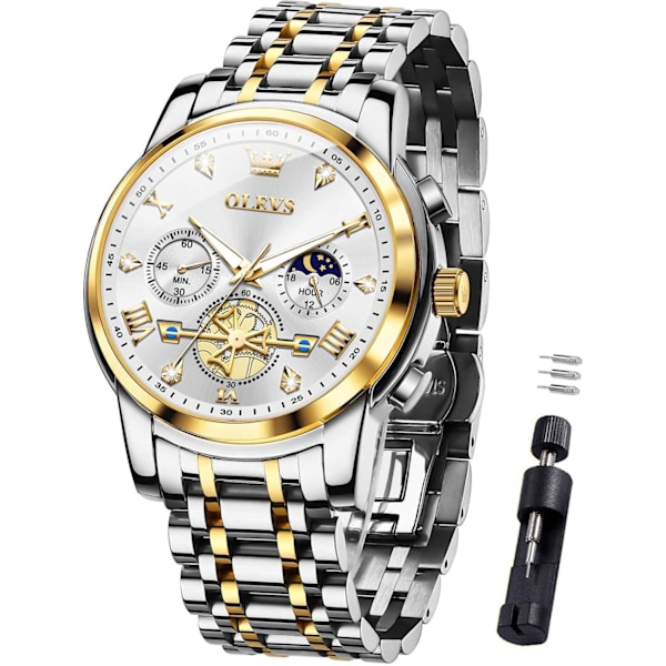 herrklockor lyx business rostfritt stål Chronograph Moon Phase vattentät datum analog kvartsklockor för män, silver/blå/svart/guld urtavla